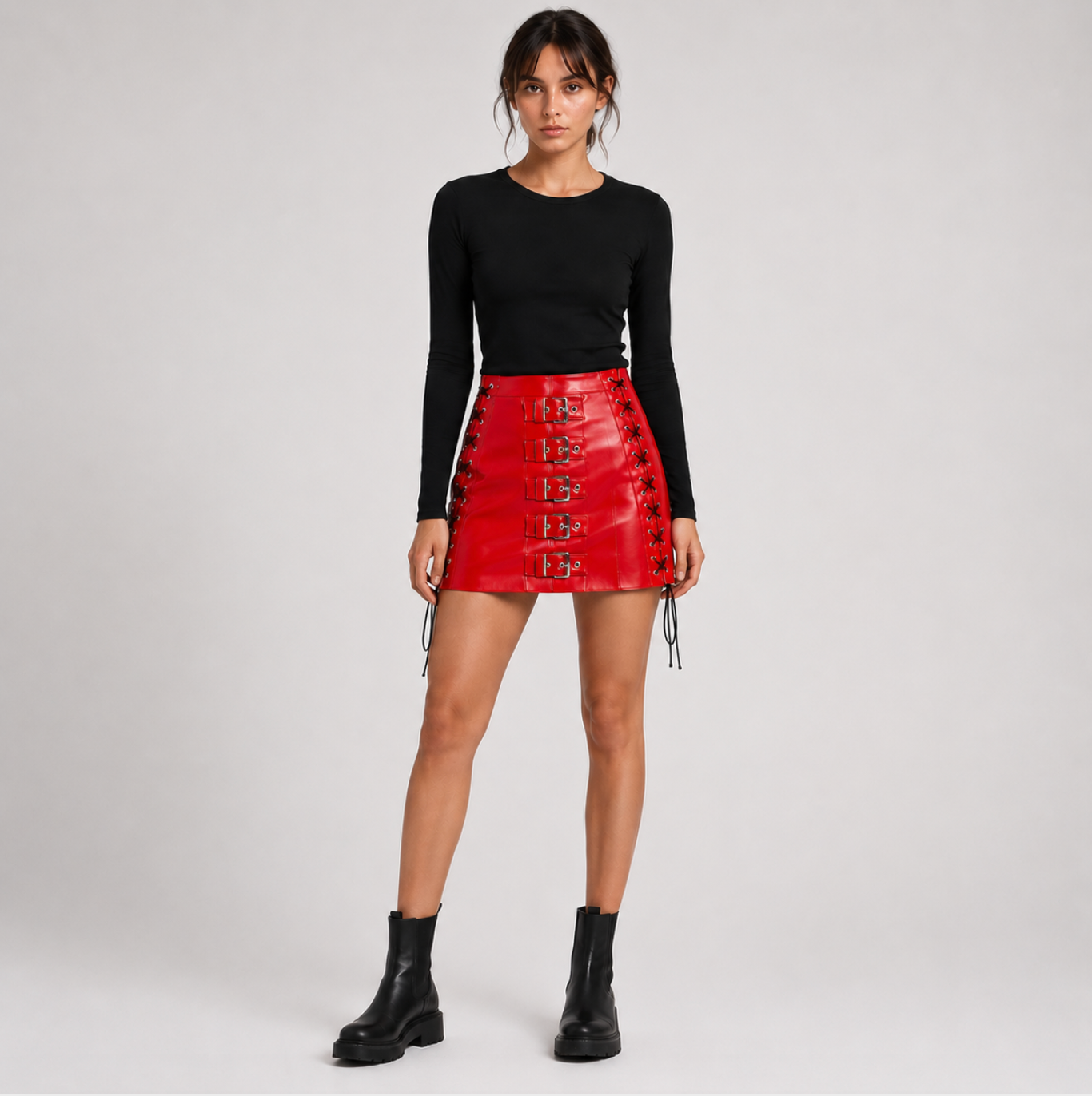 Crimson Riot Buckled Faux Leather Mini Skirt