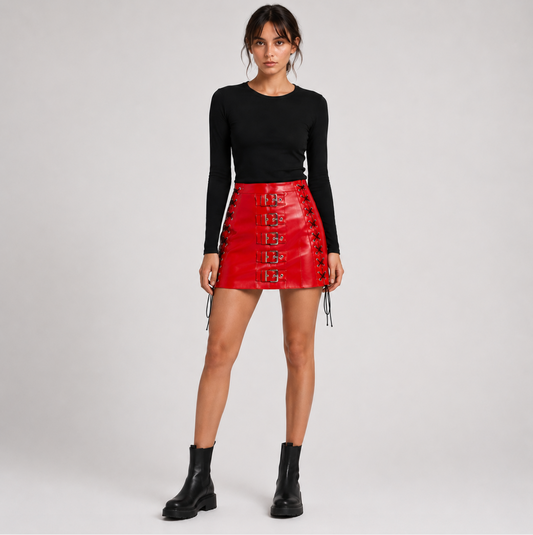 Crimson Riot Buckled Faux Leather Mini Skirt