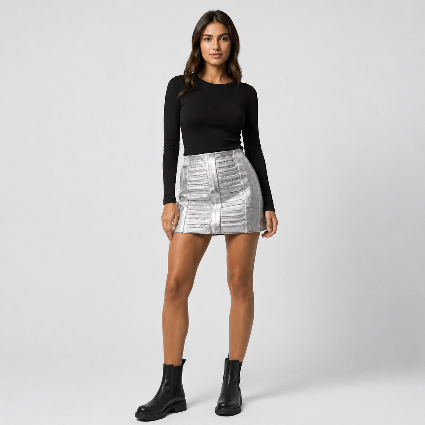 Silver Metallic Structured Mini Skirt